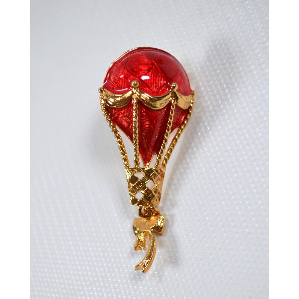 Vintage Avon Hot Air Balloon Tack Pin Winds Of Charm Red Enamel 2.25" Dangle Bow
